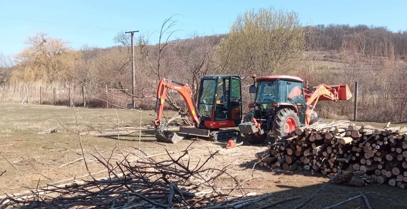 Kubota minikotró és traktor rönkhalom és gally mellett, erdészeti munka a réten.